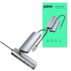 Prevo C501R USB Type-C 4-In-1 Hub with USB Type-C, USB 3.0 x2, 4K HDMI, RJ45 Gigabit Ethernet, PC, Laptop, Tablets, iPad, MacBook, iMac Compatible, Silver Metal Finish